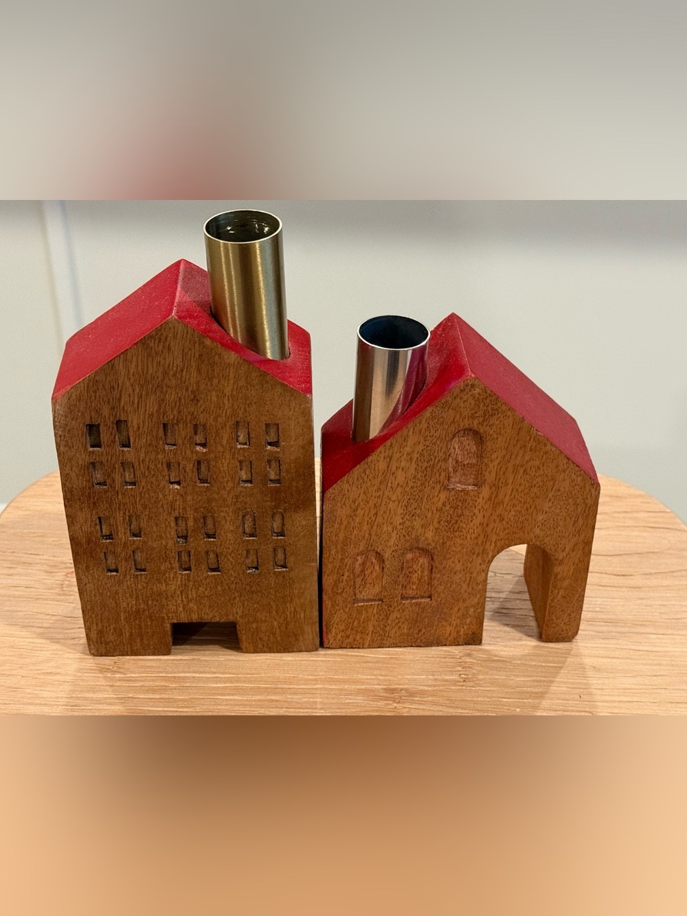 Vintage Set of 2 Wooden House Candleholders Cottagecore Decor Cabin Fall Winter